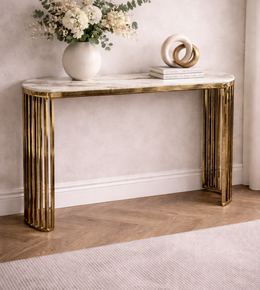 Daya Worldwide Aurelia marble console unit featuring a sleek design with a polished marble surface and modern metal legs.