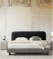 Stripe upholstered bed by Daya Worldwide featuring a modern design with a padded headboard and soft fabric upholstery.