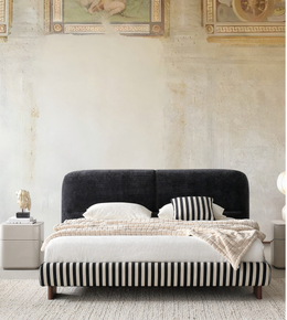 Stripe upholstered bed by Daya Worldwide featuring a modern design with a padded headboard and soft fabric upholstery.