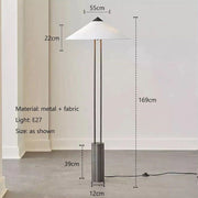 Floor lamp dimensions showing height 169 cm and cone shade width 55 cm