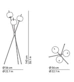 Technical drawing showing dimensions of triple globe tripod floor lamp