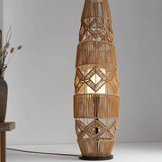 : Natural fiber woven lampshade detail in bohemian floor lamp