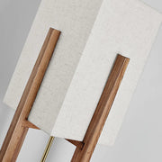 Close-up of textured fabric lampshade with wooden frame details