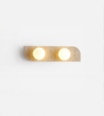 Vertical travertine wall sconce with two glass light orbs