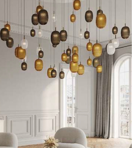 Modern interior with hanging pendant lights in a stylish room.