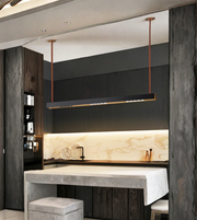 Modern kitchen with marble backsplash and pendant lights