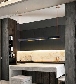 Modern kitchen with marble backsplash and pendant lights