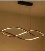 Modern pendant light with gold circular design hanging from the ceiling.