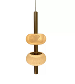 Modern pendant light with two spherical shades on a white background