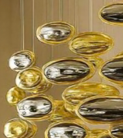 Gold and silver bubble-like pendant lights on a beige background