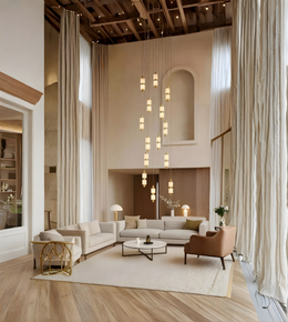 Modern living room with beige walls, large windows, and a chandelier.