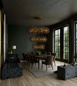Modern dining room with a large chandelier, dark walls, and large windows.