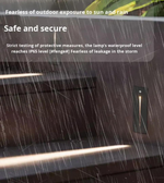 Outdoor light fixture with rain simulation and text about waterproofing.