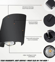 Black outdoor light fixture with features highlighted on a white background