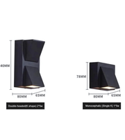 Two black wall lights with dimensions labeled on a white background