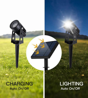 Solar-powered outdoor light with charging and lighting phases on grass.