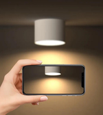 Hand holding a smartphone with a light fixture on the screen, against a blurred background.