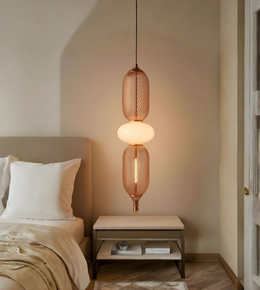 Modern bedroom with a pendant lamp on a nightstand
