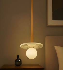 Pendant light fixture on a wooden surface with a dark wall and framed picture in the background