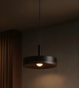 Modern pendant light fixture hanging in a dimly lit room.