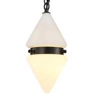 Pendant light with white and black design on a white background