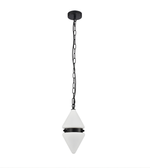 Pendant light with white shade and black chain on a white background