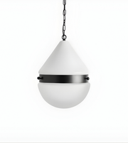 White pendant light with black band on a white background