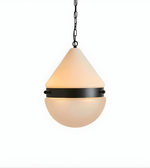 Pendant light with a beige glass shade and black metal band on a white background