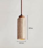 Pendant light with concrete base and wooden top on a light gray background