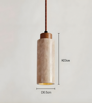 Pendant light with concrete base and wooden top on a light gray background