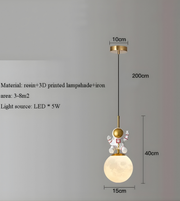 Pendant light with dimensions and material details on a gray background