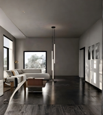 Modern living room with a large window, gray walls, and a white sofa.
