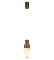 Brass pendant light with white bulb on a white background