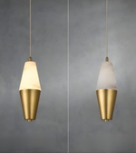 Modern pendant light with gold and white design on a gray background