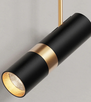 Modern pendant light with black and gold design on a neutral background
