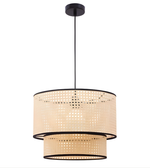 Pendant light with beige woven shade and black frame on a white background