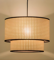 Woven lampshade with a textured pattern on a neutral background