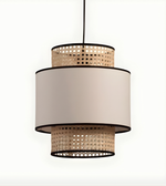 Pendant light with beige lampshade and woven design on a white background