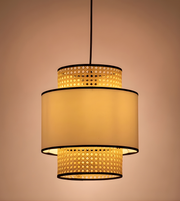 Decorative pendant light with woven design on a beige background