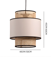 Pendant light with decorative lampshades and dimensions on a white background