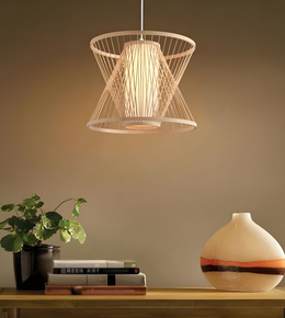 Modern pendant light fixture on a wooden surface with a plant and vase in the background