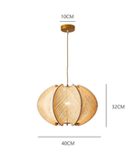 Wooden pendant light with dimensions on a white background