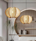 Modern interior design with pendant lights, shelves, and plants.