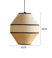 Beige pendant lamp with dimensions on a white background