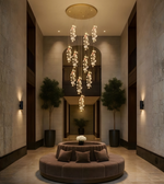 Luxury multi drop crystal pendant chandelier installed in a double height foyer