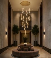 Luxury multi drop crystal pendant chandelier installed in a double height foyer