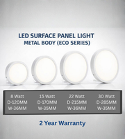 Round LED surface panel light metal body eco series with 2 year warranty available in 8W 15W 22W and 30W