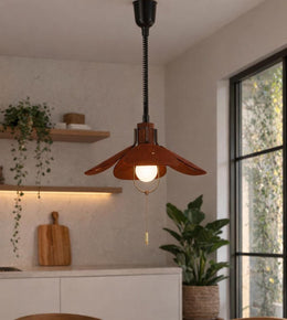Unique hanging lamp with soft textured petals and warm glow