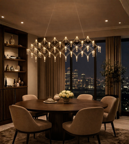 Linear crystal chandelier with cascading drops illuminating a luxury dining area with warm ambient lighting