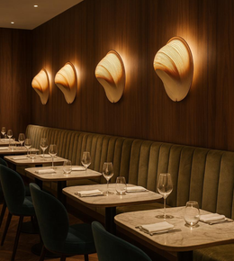 Modern sculptural curved wall light with warm glow mounted on wooden wall